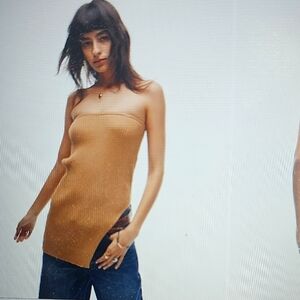 NWT Topshop Ribbed Bandeau Convertible Top/High Waist Skirt w Slit Camel L